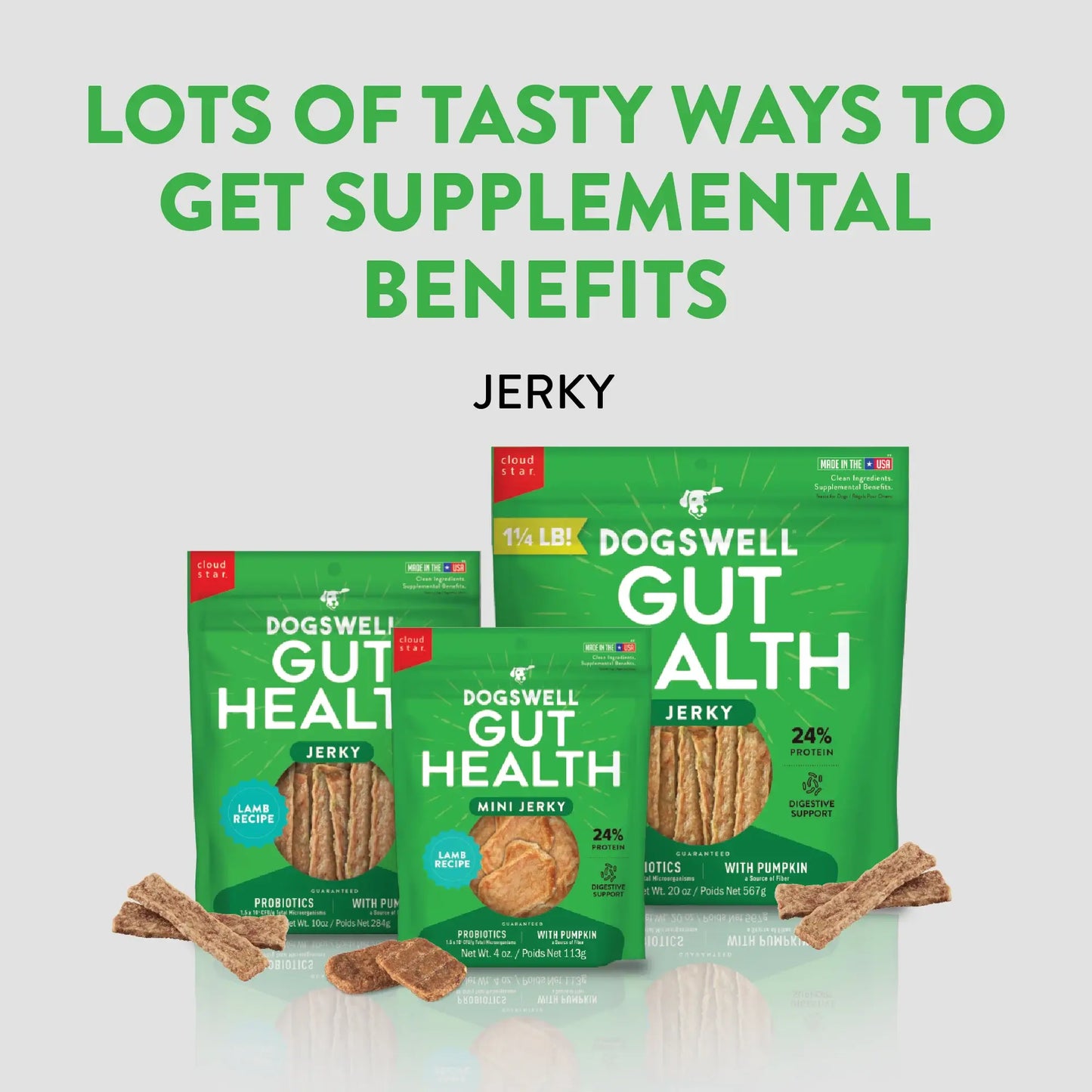 DogsWell Gut Health Jerky Treats, Lamb 10oz