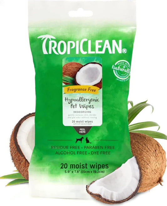 TropiClean Hypoallergenic Fragrance-Free Wipes 20 Count
