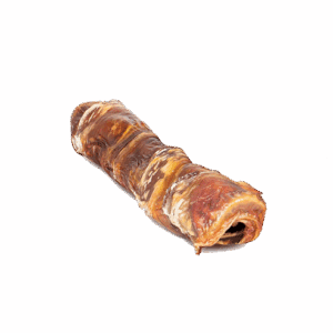 A single rolled bacon strip, cooked and crispy.