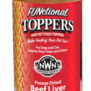 A red bag of FUNctional Toppers raw pet food topping for dogs and cats.