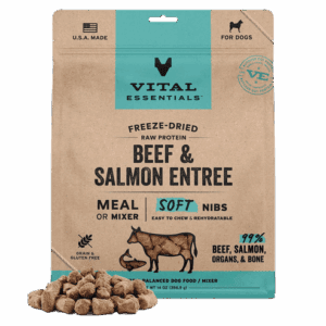 Bag of Vital Essentials freeze-dried beef and salmon dog food.