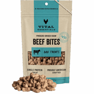 A bag of Vital Proteins Beef Bites dog treats with some treats spilled out.
