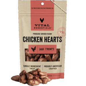 Bag of Vital freeze-dried raw chicken hearts dog treats.