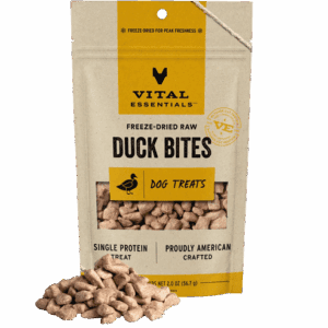 Bag of Vital Essentials Duck Bites dog treats.