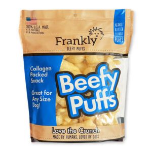 Frankly Beefy Puffs dog treats in a resealable bag.