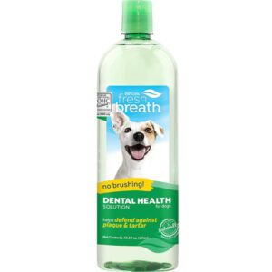 Bottle of dog dental health mouthwash for fresh breath.