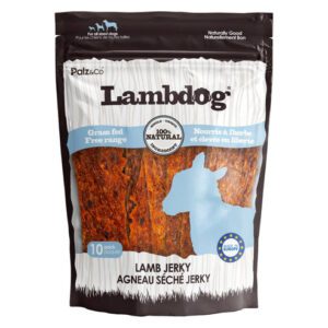 Bag of Lambdog lamb jerky dog treats with added garlic and apple.