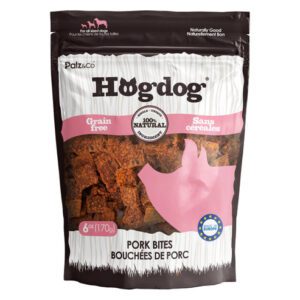 Bag of Hogdog pork bites dog treats.