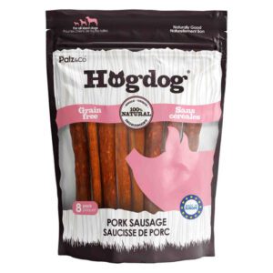 Package of Hogdog pork sausage dog treats for dogs.