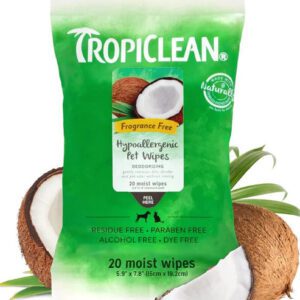 TropiClean pet wipes in a green package with coconut imagery.