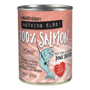 A can of 100% salmon dog food with playful design.
