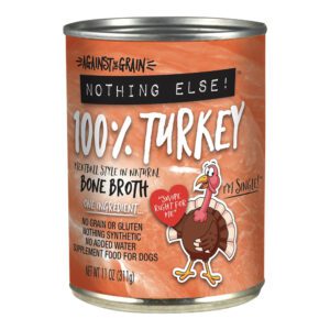 Can of 100% turkey bone broth with a playful turkey illustration.