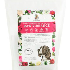 Raw Vibrance dog food with floral design and dog illustration.