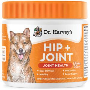 Dr. Harvey's Hip + Joint supplement for dogs with a dog on the label.