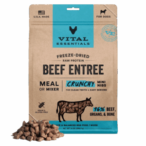 Bag of Vital Essentials freeze-dried beef entree dog food.