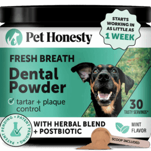 Pet Honest Fresh Breath Dental Powder for dogs with tartar control and probiotics.