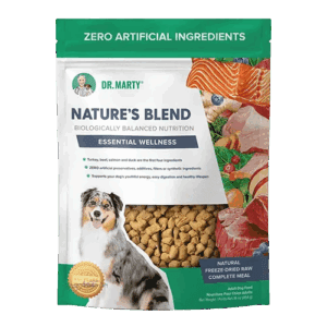 Bag of Dr. Marty’s Nature’s Blend dog food with salmon and vegetables.