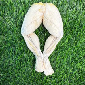 Two raw fish steaks placed on green grass.