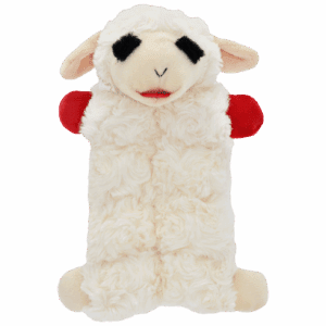 A plush lamb toy with red hands and a smiling face.