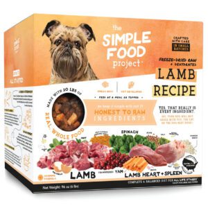 Packaged lamb recipe dog food with natural ingredients and no additives.
