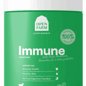 Green supplement bottle labeled Immune by Open Farm.