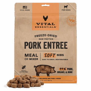 Freeze-dried pork entree meal with soft nibs for dogs.