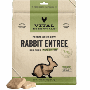 Package of Vital Essentials Rabbit Entree freeze-dried dog food.