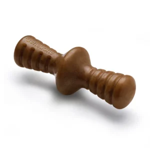 Brown wooden handheld massage roller with grooves.