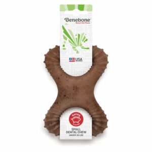 Brown dog chew toy shaped like a bone with packaging.