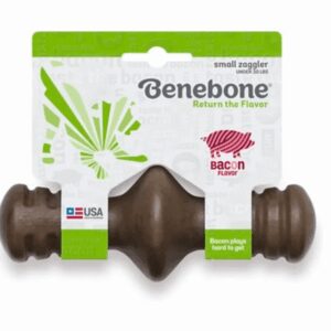 Benebone dog chew shaped like a dumbbell with green packaging.