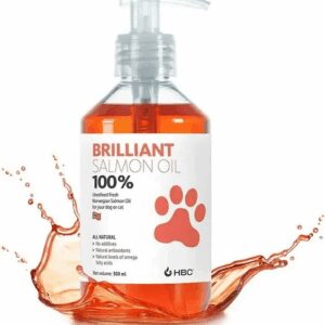 Brilliant Pet Skin Oil in a clear pump bottle with splash effect.