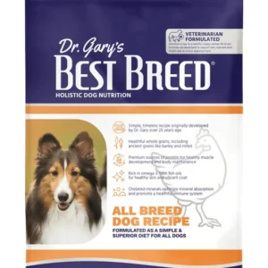 Bag of Dr. Gary's Best Breed dog food featuring a Collie breed.