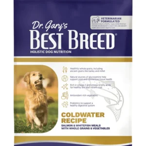 Bag of Dr. Gary's Best Breed dog food with a golden retriever image.