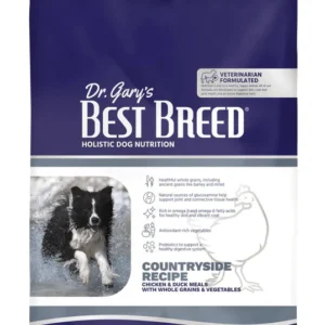 Bag of Dr. Gary's Best Breed dog food featuring a black and white dog.