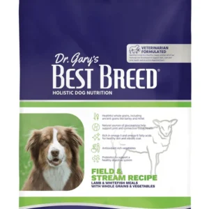 Bag of Dr. Gary's Best Breed dog food for adult dogs.