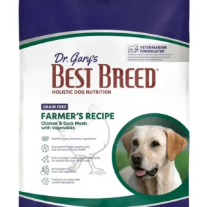 Bag of Dr. Gary's Best Breed dog food with a Labrador image.