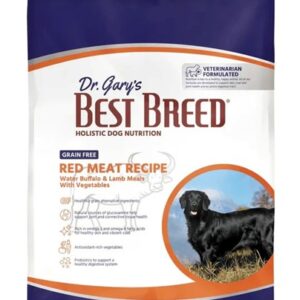 Bag of Dr. Gary's Best Breed dog food with red meat recipe.