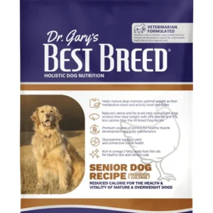 Bag of Dr. Gary's Best Breed Senior Dog Recipe with a golden retriever image.
