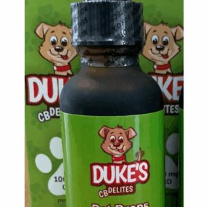 Bottle of Duke's dog chewable tablets with cartoon dog label.
