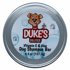 Duke's Delites dog shampoo bar in a round tin container.