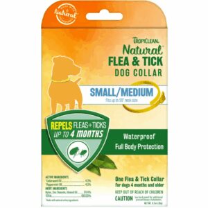 Natural flea and tick collar for small to medium dogs.